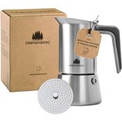 GRØNENBERG Espressokocher Edelstahl, Induktion geeignet, 4 Tassen, 0.2l, inkl. Ersatz-Dichtung, aluminiumfrei und unbeschichtet