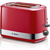 Bosch Kompakt Toaster TAT6A514, integrierter Edelstahl-Brötchenaufsatz, mit Abschaltautomatik, mit Auftaufunktion, perfekt für 2 Scheiben Toast, Liftfunktion, Brotzentrierung, 800 W, Edelstahl/rot