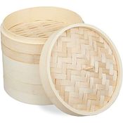 Relaxdays 10031463 Bambus, asiatischer Dämpfkorb mit 3 Etagen, für Dim Sum, Reis, Ø 24 cm, Natur, Hellbraun, traditioneller Dampfgarer
