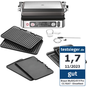 Braun Multigrill 9 Pro CG 9167, Elektrogrill mit 2 unabhängigen Thermostaten, 3 Kochpositionen, spülmaschinenfeste Platten, integrierte Thermosonde, 265° Höchsttemperatur, 2200 W, Schwarz/Edelstahl, 2 Grillplatten, 2 flache Platten und 2 Waffel Platten
