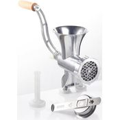 GSW Fleischwolf Nr. 8 mit Gebäckvorsatz, manuell, aus Aluminium und Edelstahl, Edelstahlmesser und - lochscheibe, edelstahl