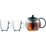 Bodum K1805-01 Assam Set, Teebereiter mit Edelstahlfilter 1 L und 2 Stück Tasse, Glas, 0,35 L, schwarz